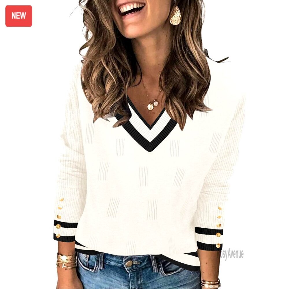 Lightweight V-Neck Pullover Sweater with Decorative Buttons Long Sleeve
